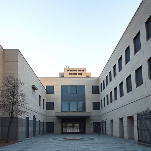 Fachada del edificio de Correccionales La Roca en Madrid, España, mostrando una arquitectura imponente y moderna con elementos de seguridad visible.